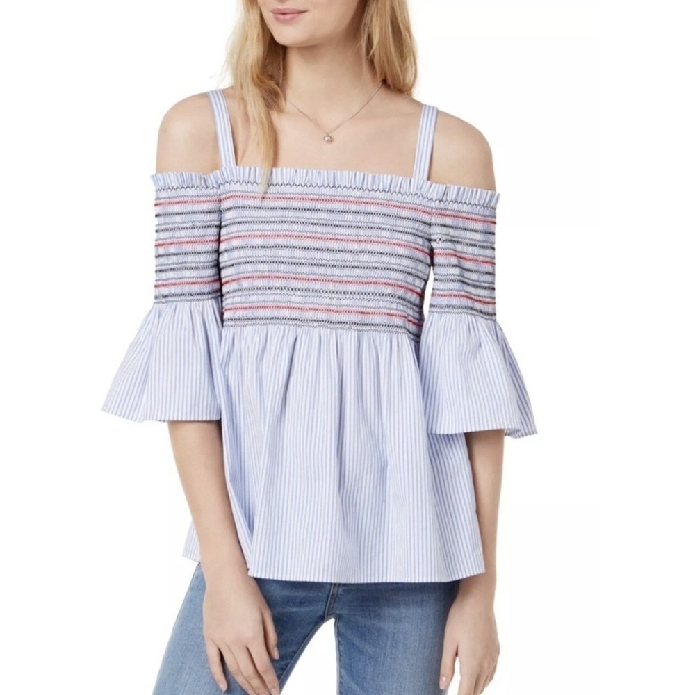 Maison Jules Womens Top Smocked Off The Shoulder Blue Croissant Blouse L Peasant